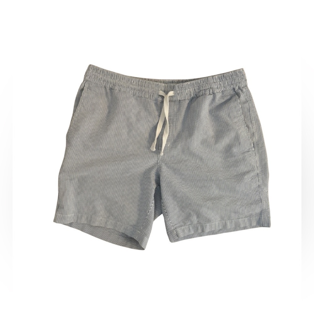 Frank & Oak Striped Seersucker Drawstring Shorts in Light Blue and White